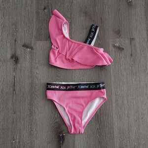 Betsey Johnson Assymetrical, Ruffle Top Bikini Set Girls Size Medium (10)